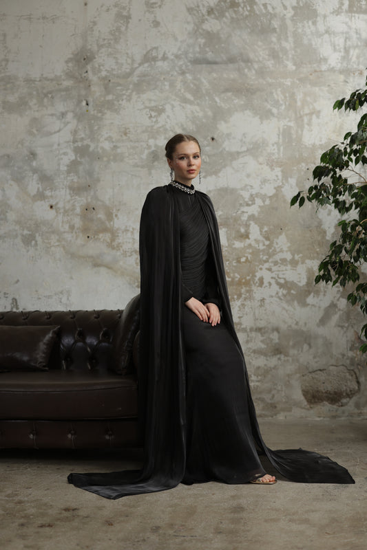 Çıkarılabilir Şal Detaylı Taş İşlemeli Elbise Siyah 20261