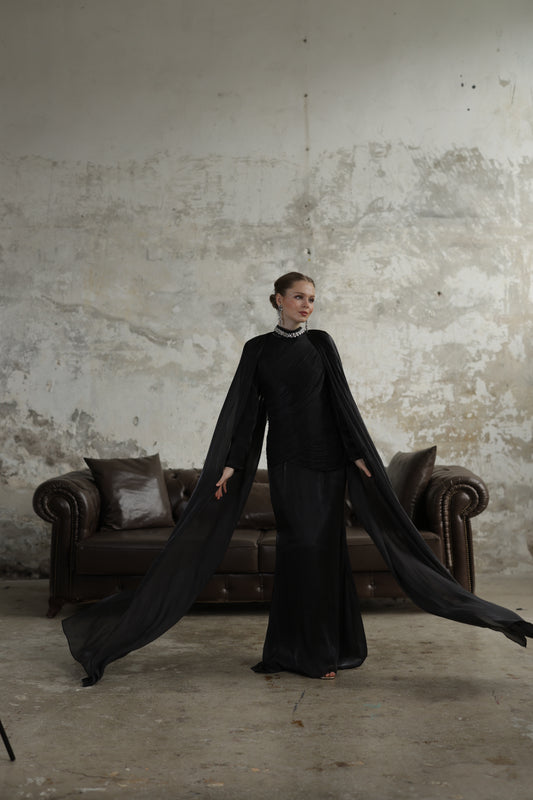 Çıkarılabilir Şal Detaylı Taş İşlemeli Elbise Siyah 20261