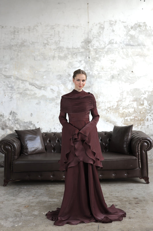 Volan Kollu Etollu Rita Dress Kahverengi