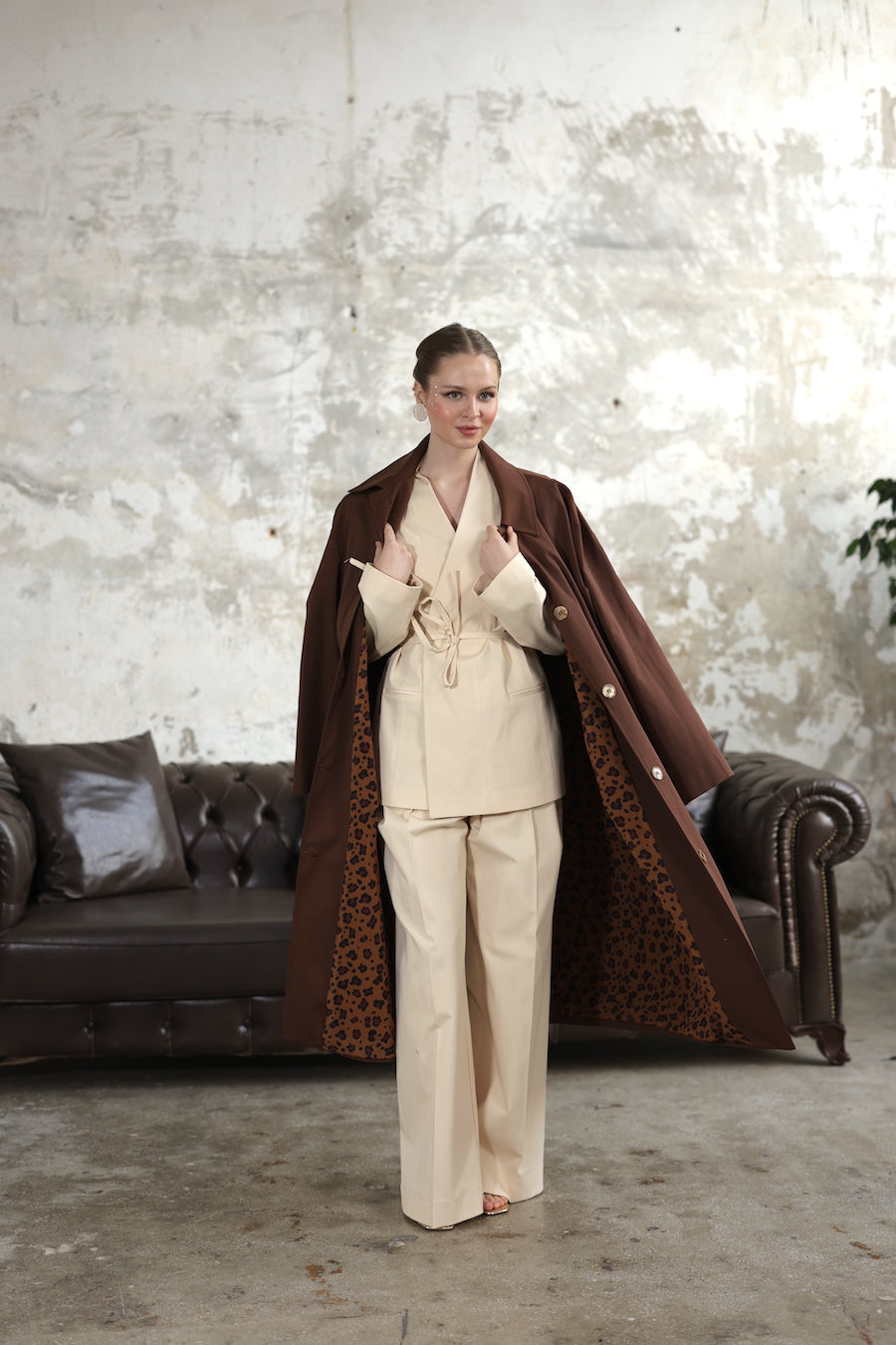 Desenli Astarlı Oversize Trençkot Kahve