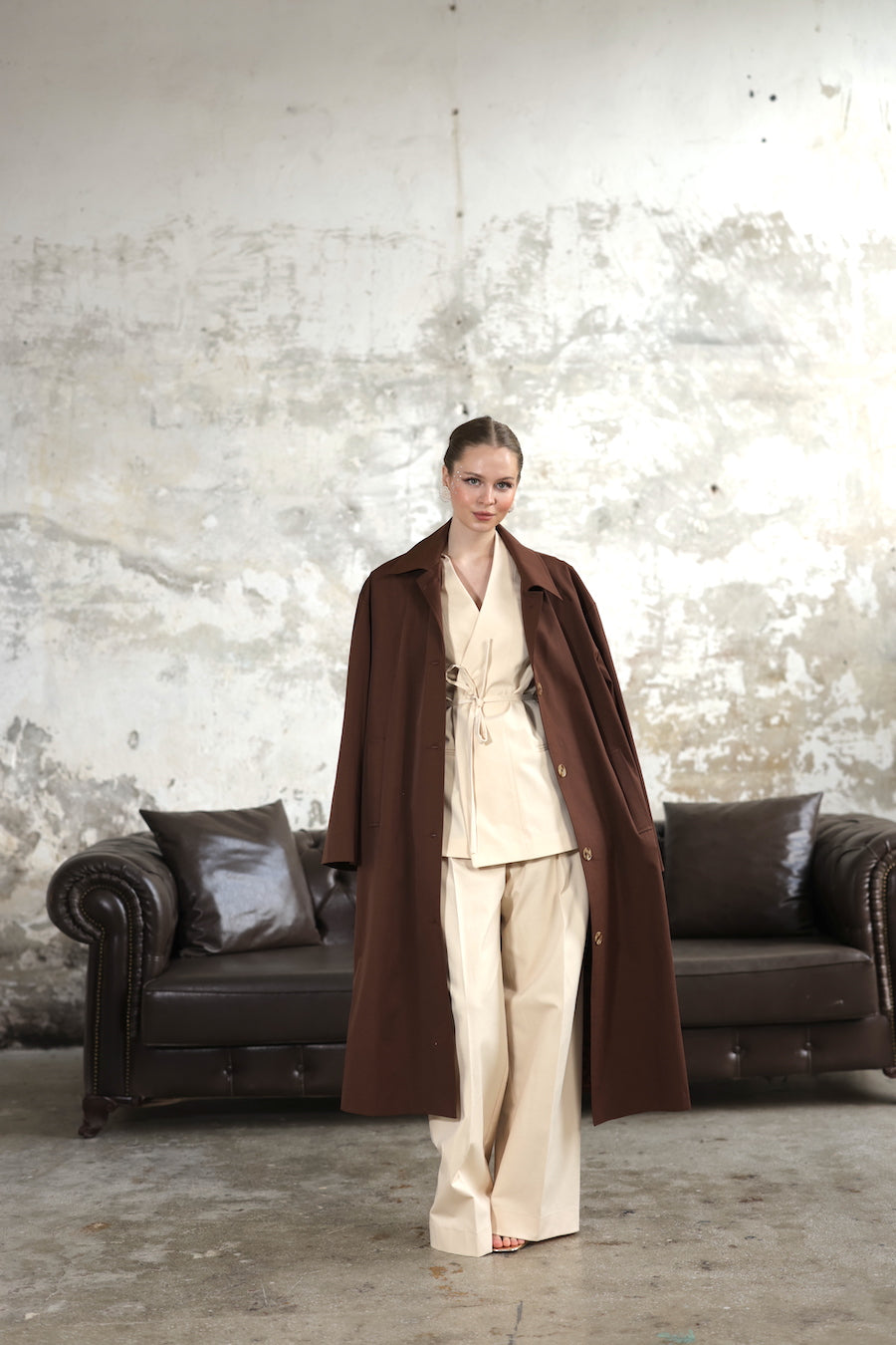 Desenli Astarlı Oversize Trençkot Kahve