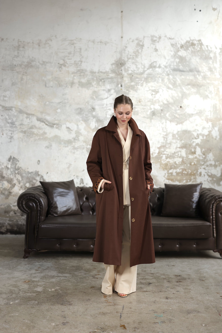 Desenli Astarlı Oversize Trençkot Kahve