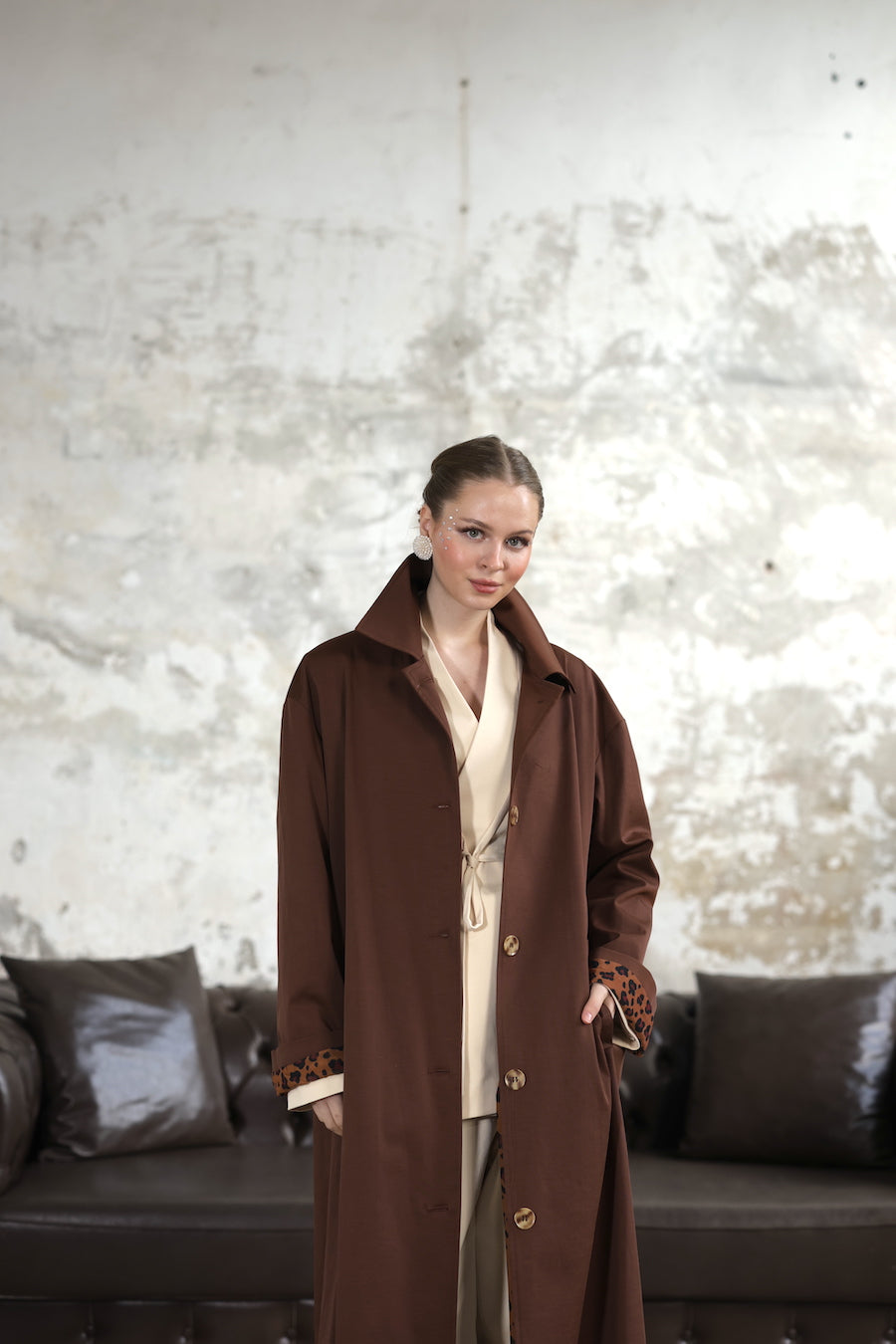 Desenli Astarlı Oversize Trençkot Kahve