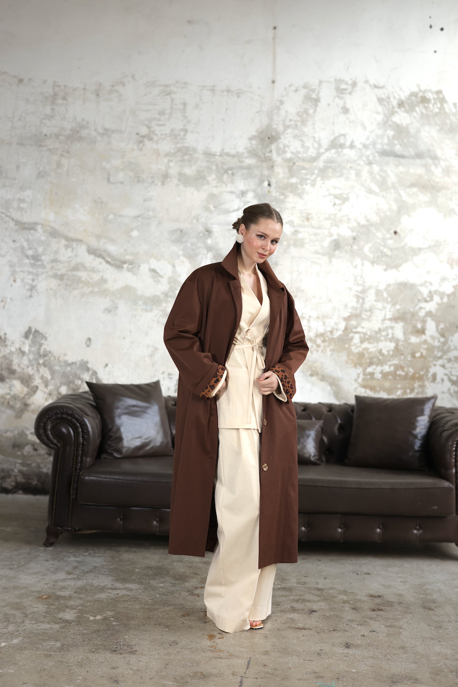 Desenli Astarlı Oversize Trençkot Kahve