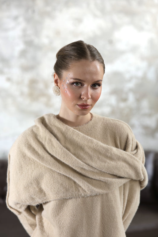 Şal Yaka Detaylı Yumoş Kazak Bej