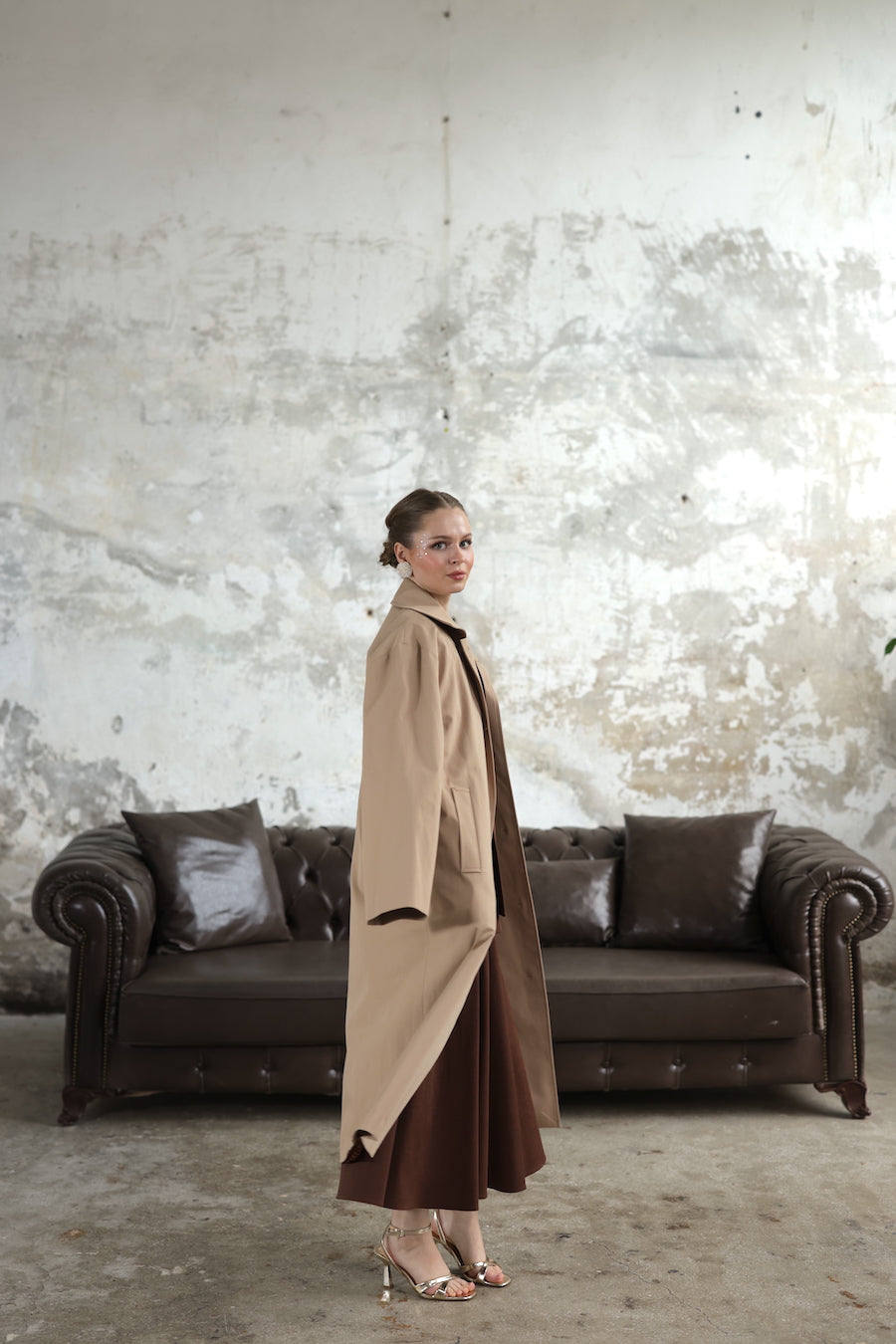 Desenli Astarlı Oversize Trençkot Bej