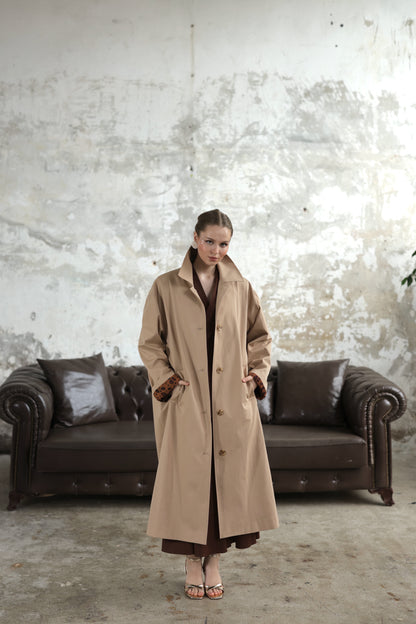 Desenli Astarlı Oversize Trençkot Bej