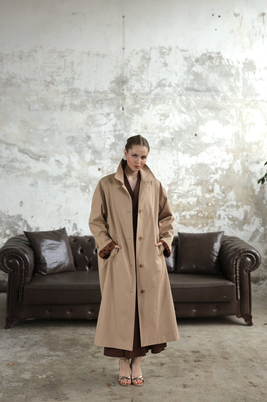 Desenli Astarlı Oversize Trençkot Bej