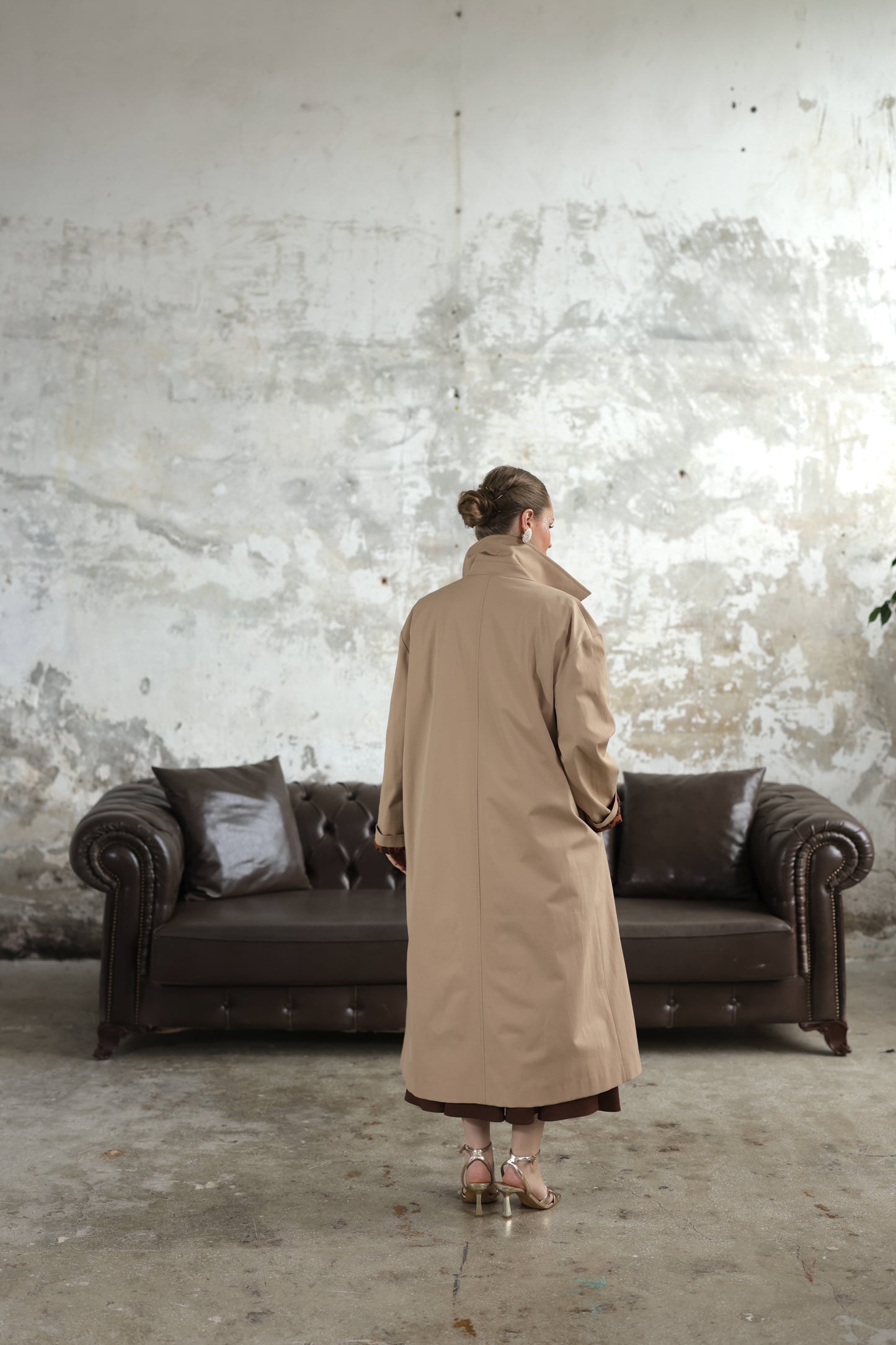 Desenli Astarlı Oversize Trençkot Bej