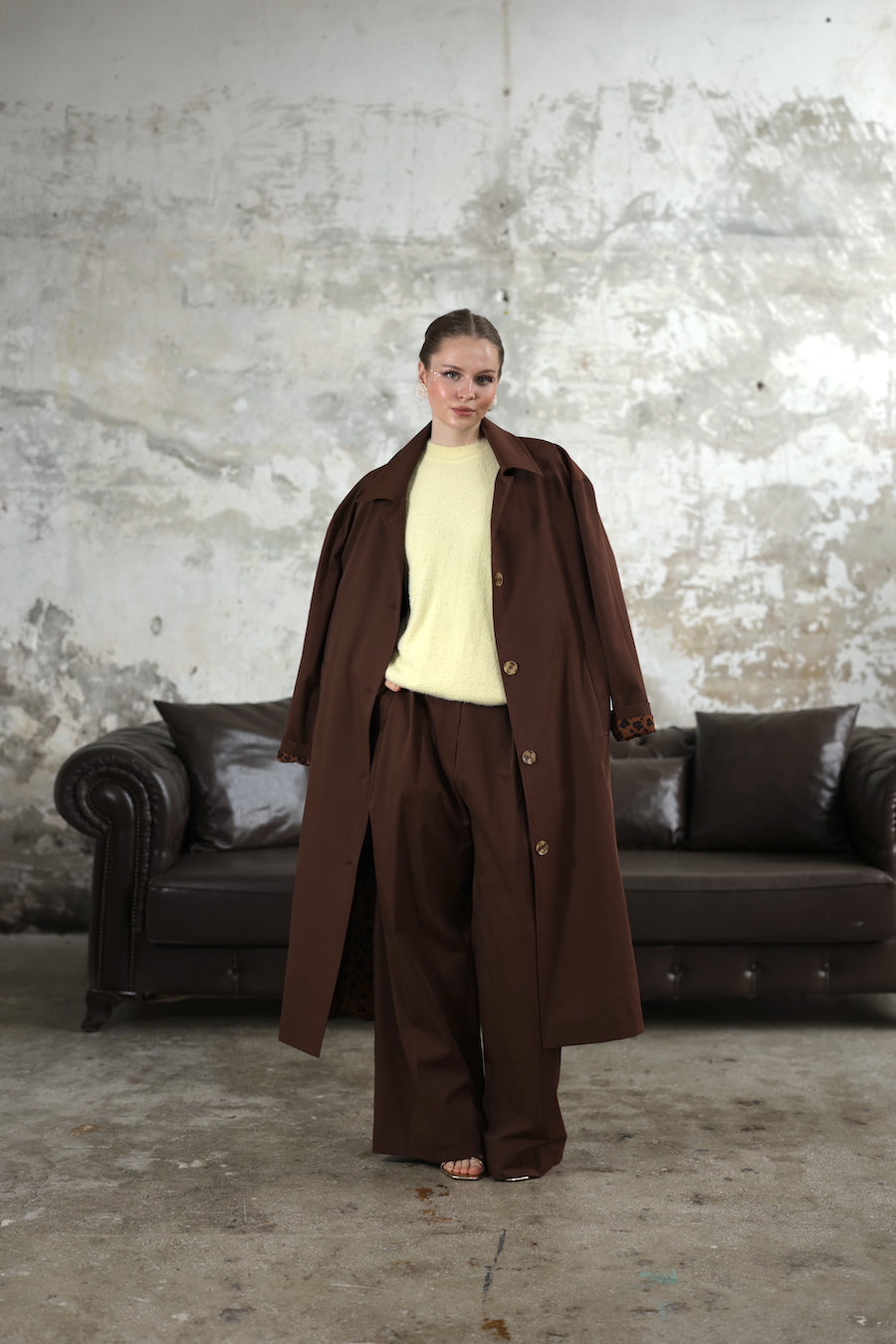 Desenli Astarlı Oversize Trençkot Kahve