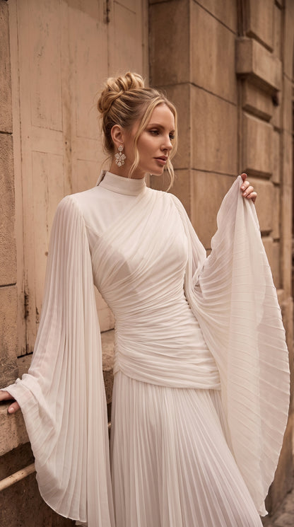 Angel Dress – Plise Detaylı Pelerin Kollu Beyaz Abiye Elbise – 27001
