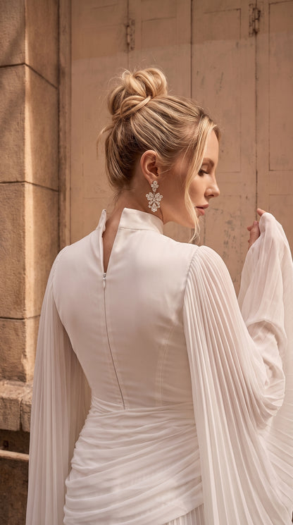 Angel Dress – Plise Detaylı Pelerin Kollu Beyaz Abiye Elbise – 27001