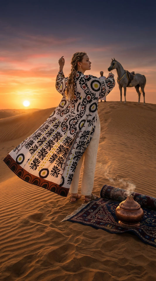 Saten Etnik Desenli Nakışlı Uzun Kimono - Özel El İşlemesi Bohem Tasarım - 26613