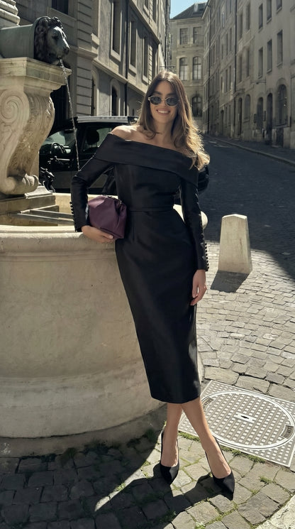 Noir Off-Shoulder Midi Elbise