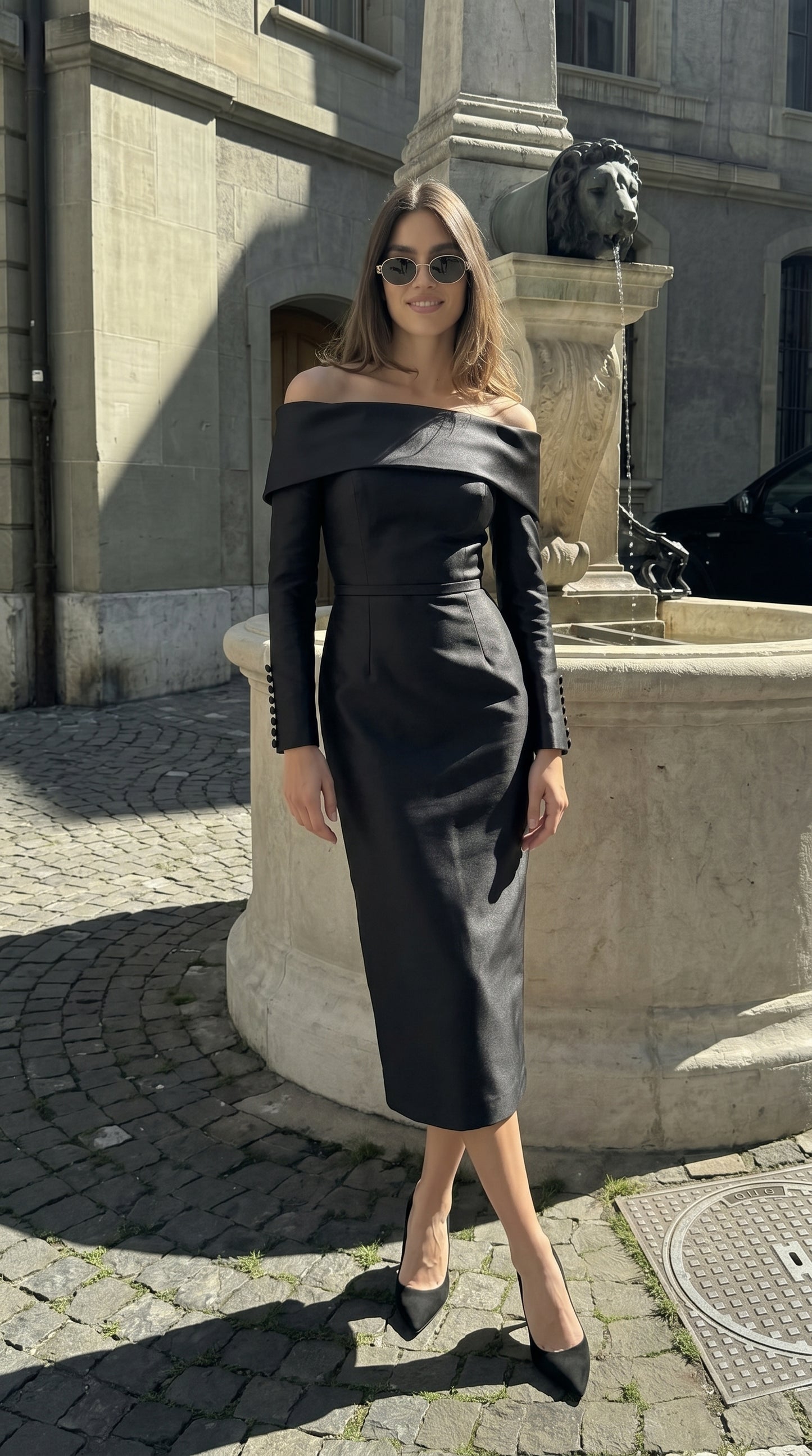 Noir Off-Shoulder Midi Elbise