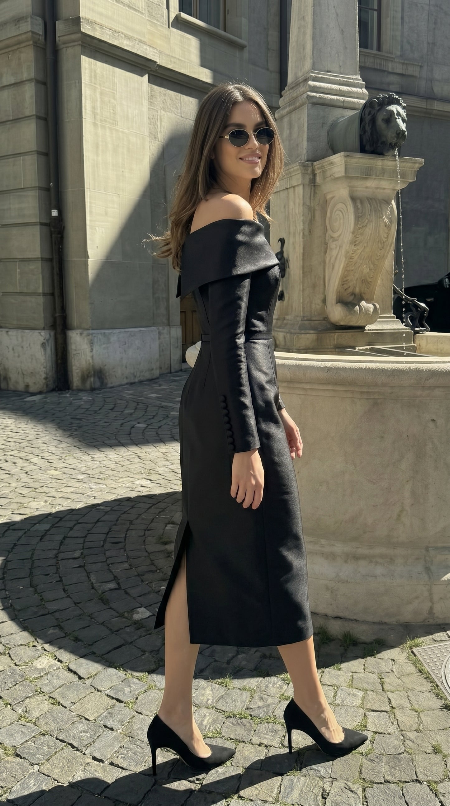 Noir Off-Shoulder Midi Elbise