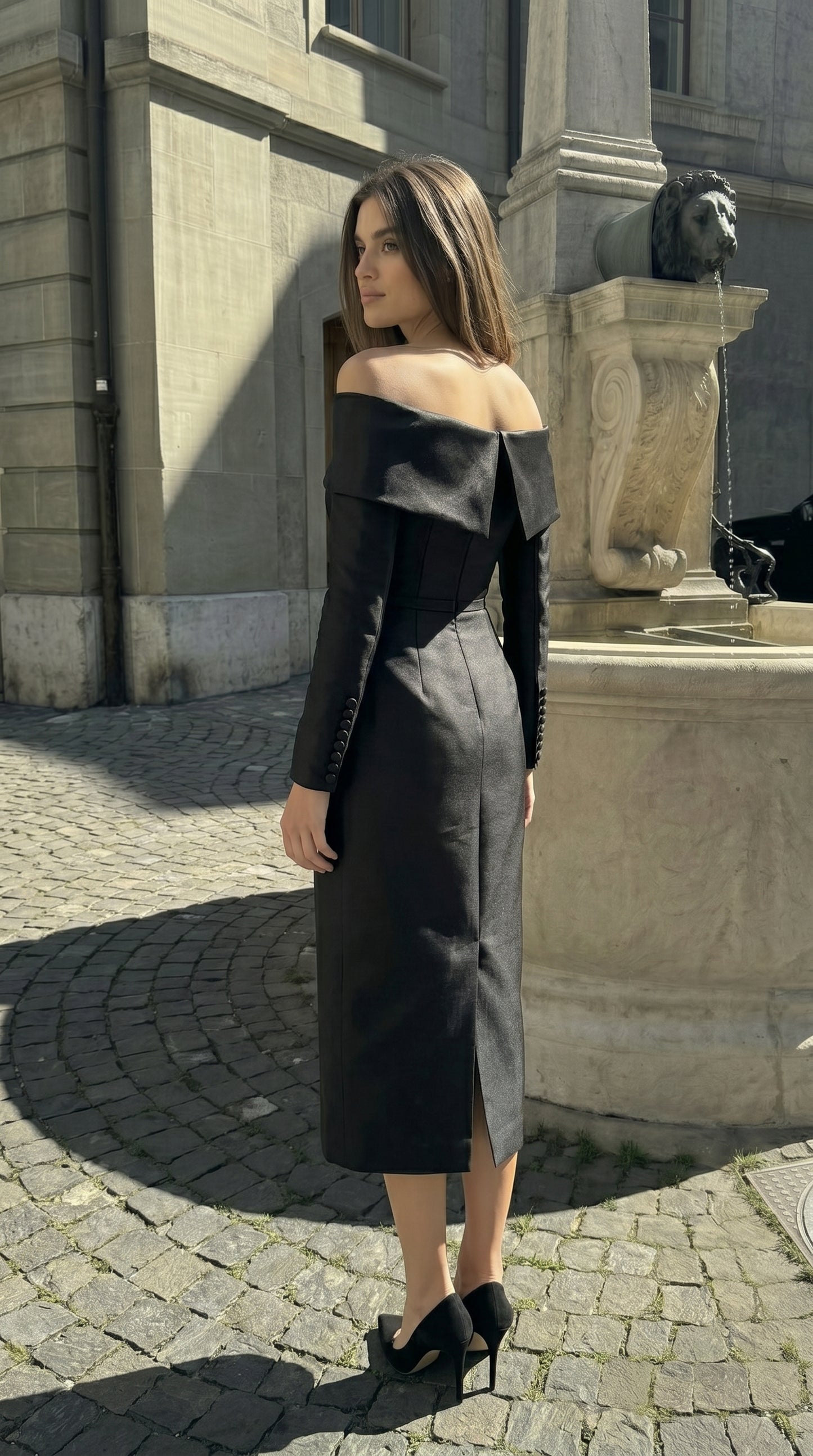 Noir Off-Shoulder Midi Elbise