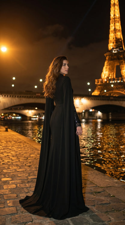 Paris Esintili Dantelli Uzun Kollu Abiye Elbise – 26004
