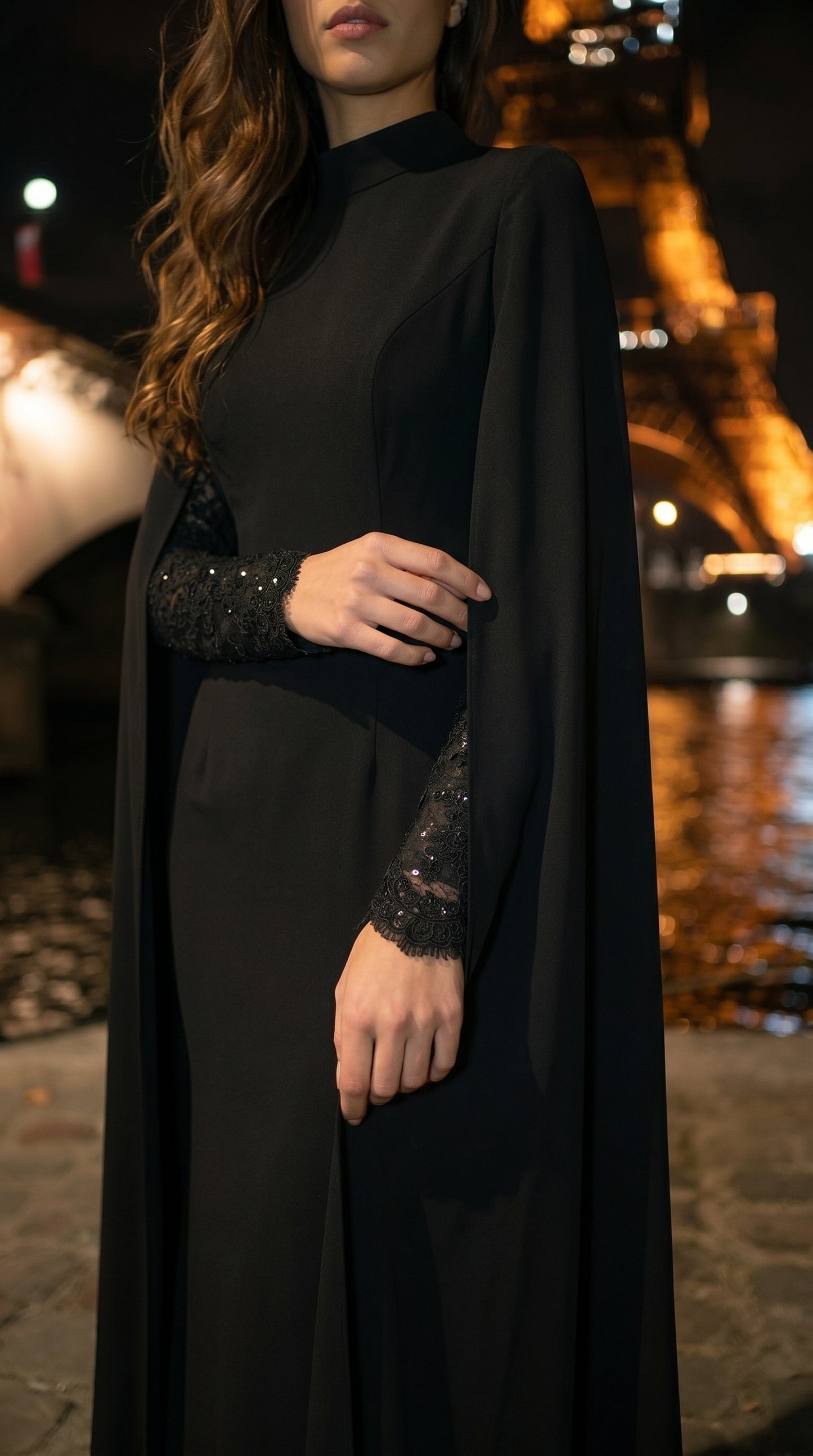 Paris Esintili Dantelli Uzun Kollu Abiye Elbise – 26004