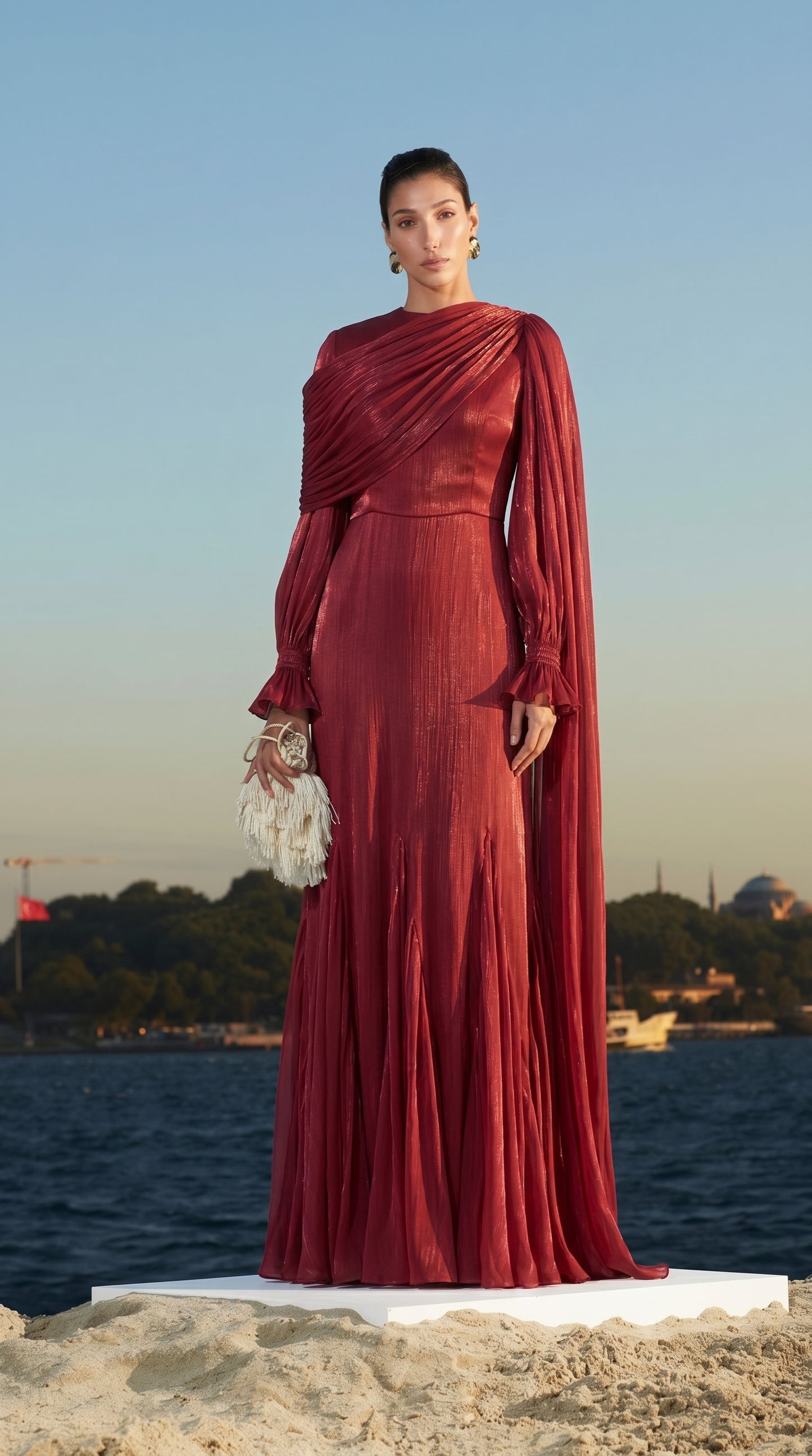 Drapeli Pelerin Detaylı Abiye Elbise – Bordo Tesettür Abiye-26013