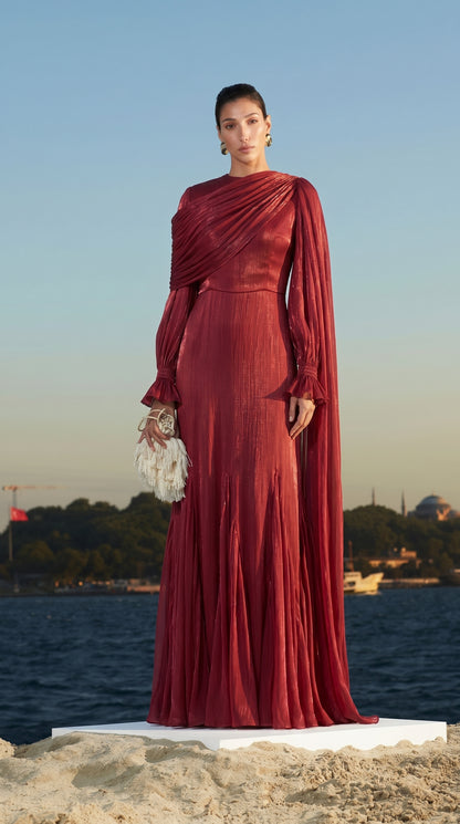 Drapeli Pelerin Detaylı Abiye Elbise – Bordo Tesettür Abiye-26013