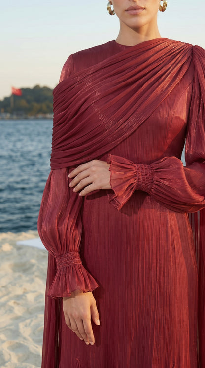Drapeli Pelerin Detaylı Abiye Elbise – Bordo Tesettür Abiye-26013