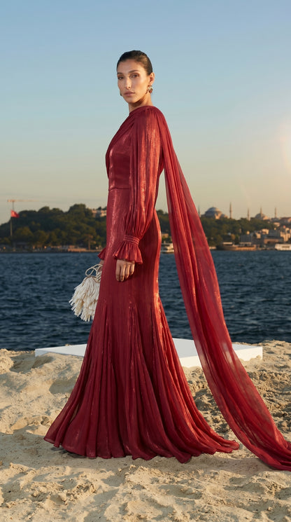 Drapeli Pelerin Detaylı Abiye Elbise – Bordo Tesettür Abiye-26013