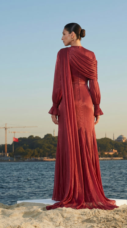 Drapeli Pelerin Detaylı Abiye Elbise – Bordo Tesettür Abiye-26013