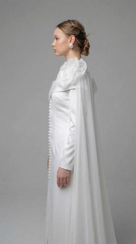 Robe de soirée voilée en pierre couleur poudre