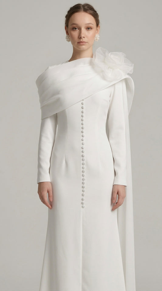 Robe de soirée voilée en pierre couleur poudre