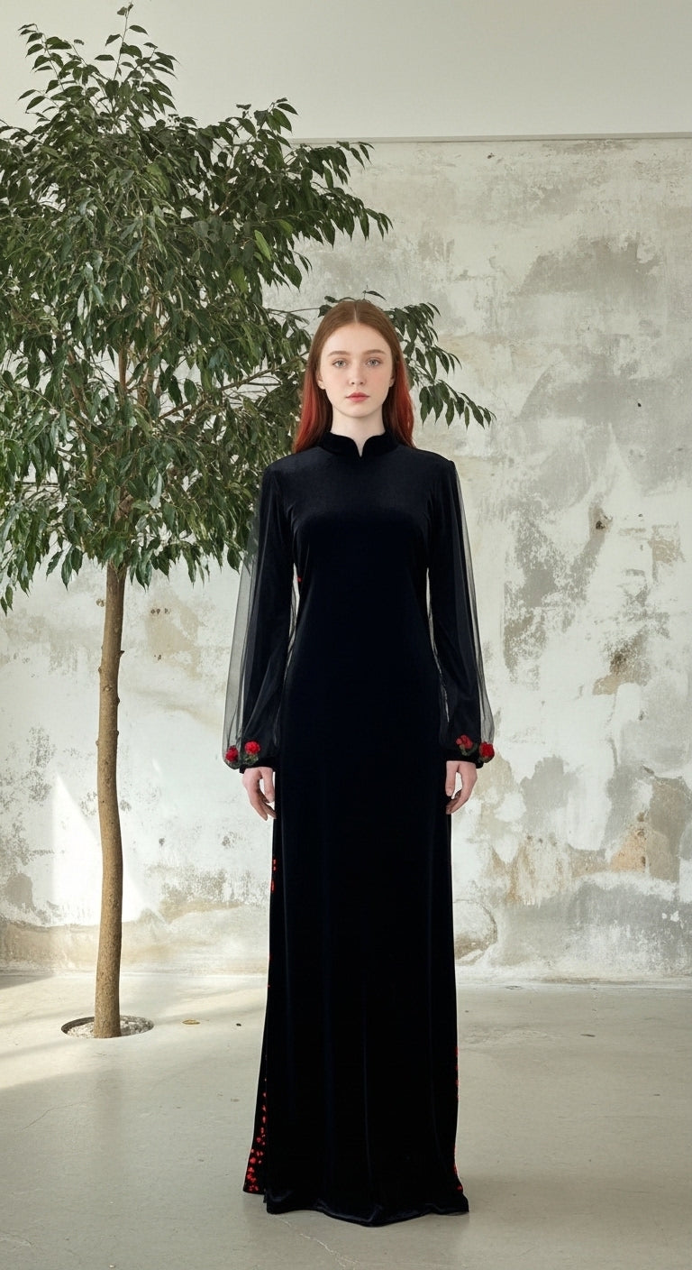 Midnight Velvet Gül Aplikeli Şeffaf Balon Kol Elegant Abiye_13