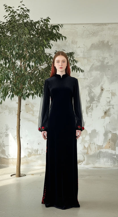 Midnight Velvet Gül Aplikeli Şeffaf Balon Kol Elegant Abiye_13