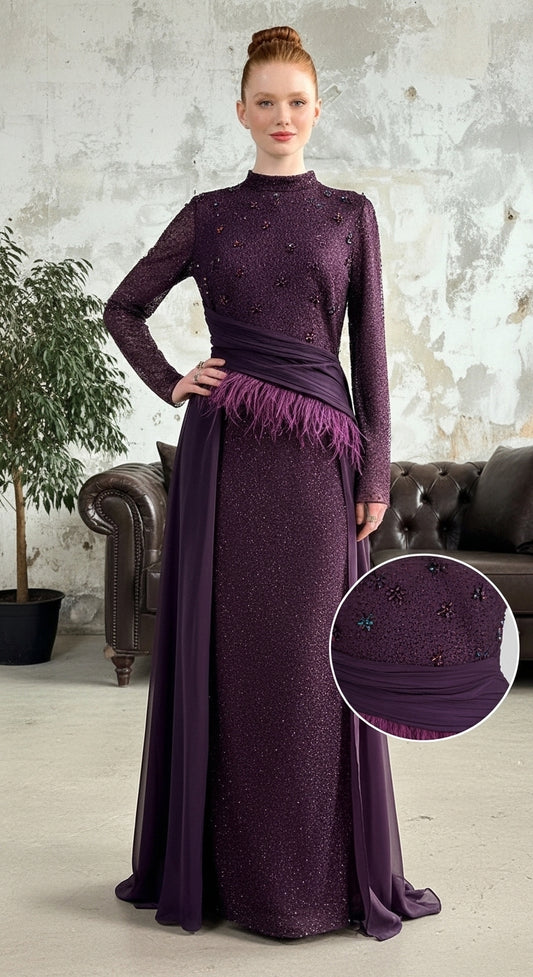 Aurevia Plume Drapé Abiye – Yüksek Yaka Uzun Kollu İşlemeli Drapeli Gece Elbisesi_29