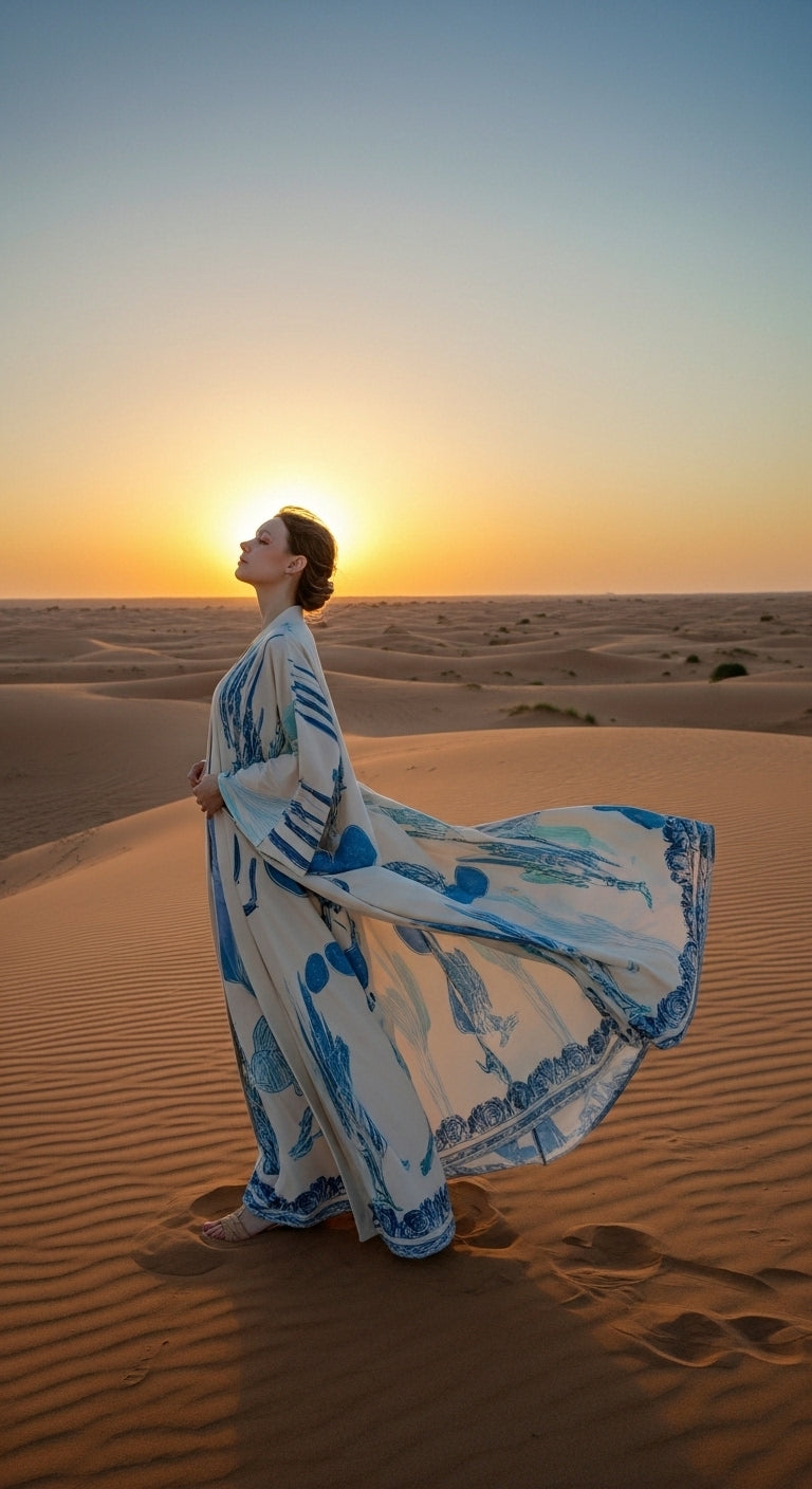 Keten Karışımlı Kaktüs Desenli El İşlemesi Kimono - Doğal ve Nefes Alan Tasarım - 26614