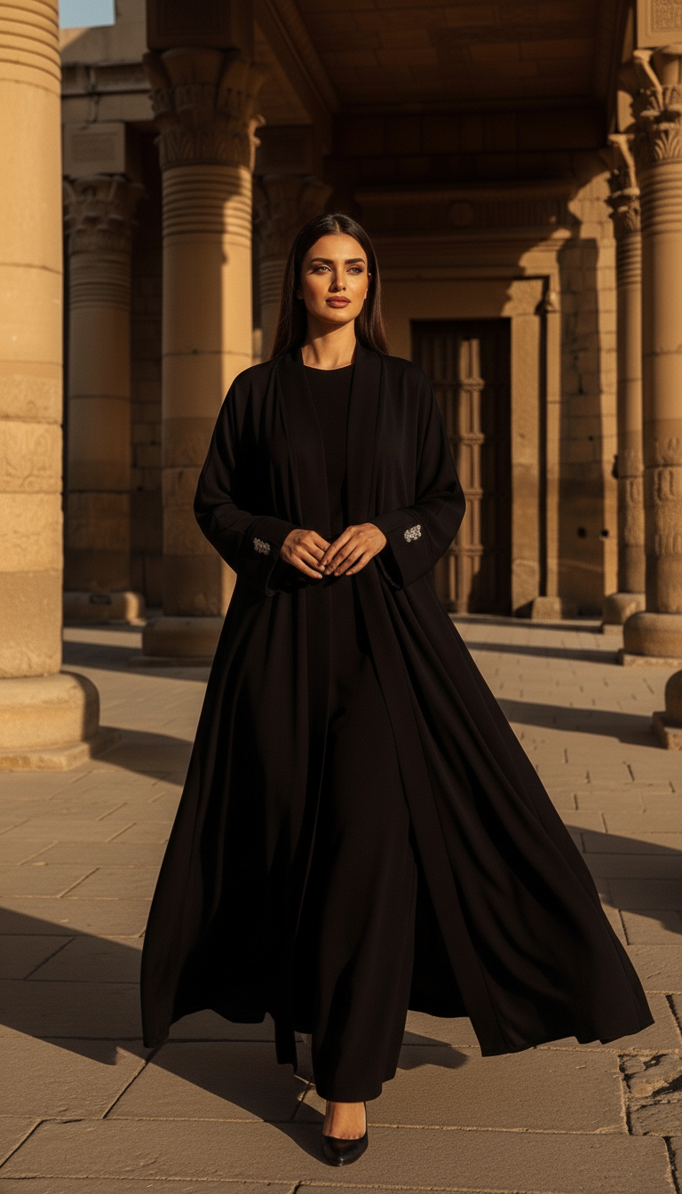 Siyah Tesettür Kimono Abaya Uzun Model - 26617