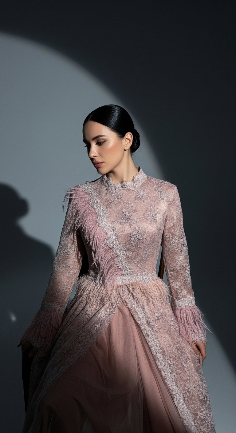 Tüy Detaylı Simli Abiye Elbise – Uzun Kollu, Zarif ve Özel Tasarım