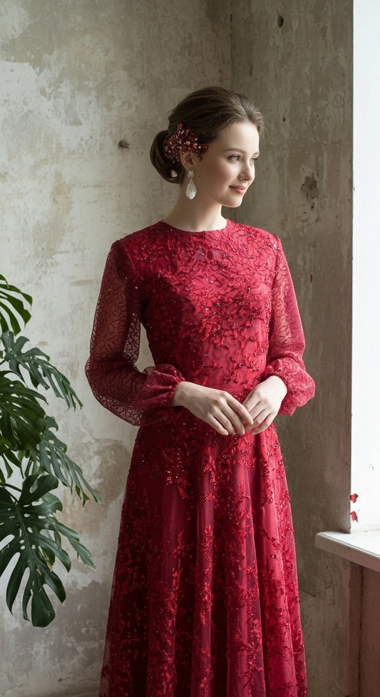 Ethereal Jakarlı Dantel İşlemeli Balon Kol Prenses Abiye_61