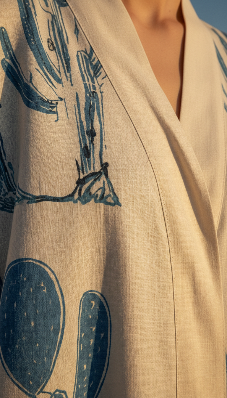 Keten Karışımlı Kaktüs Desenli El İşlemesi Kimono - Doğal ve Nefes Alan Tasarım - 26614