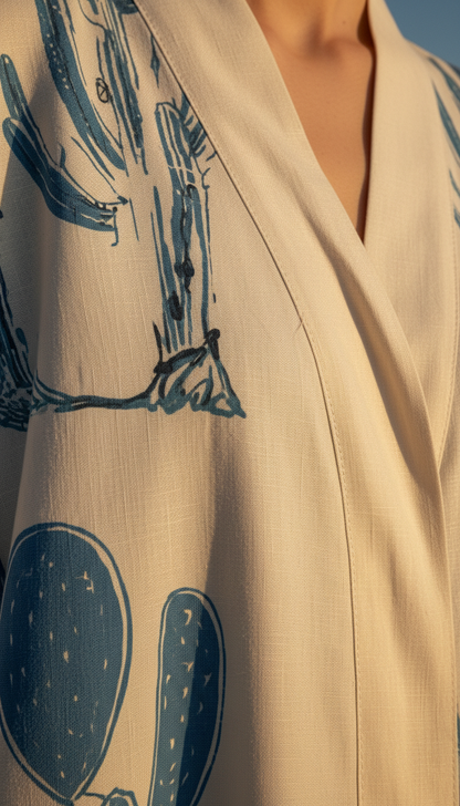 Keten Karışımlı Kaktüs Desenli El İşlemesi Kimono - Doğal ve Nefes Alan Tasarım - 26614