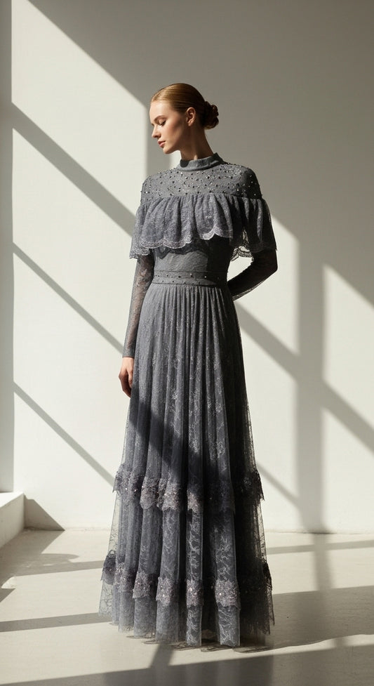 "Viktorya Rüyası" - Taş İşlemeli Vintage Yaka Uzun Davet Elbisesi_43