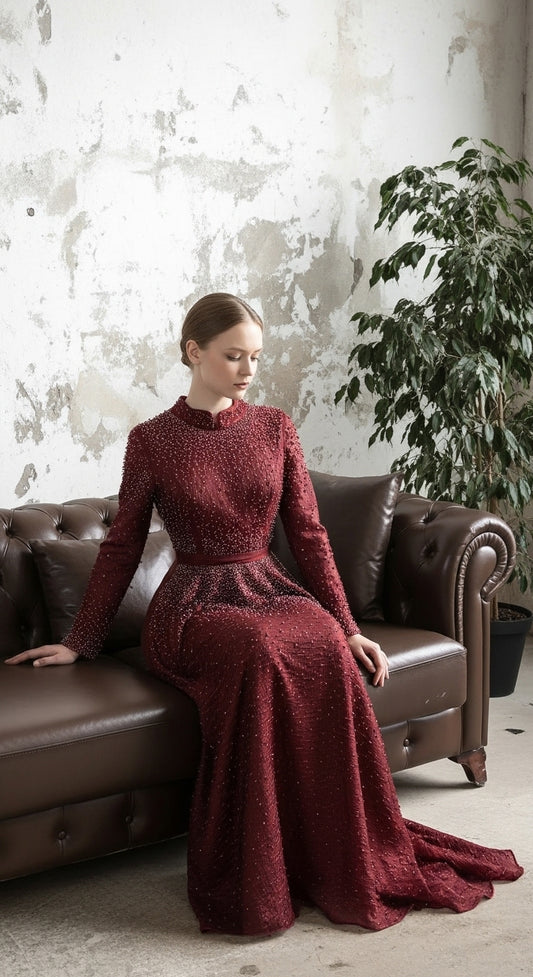 ELARA – Işıltılı Dokulu, Yüksek Yaka, Bel Vurgulu, Uzun Kollu Özel Davet Abiye Elbisesi_26