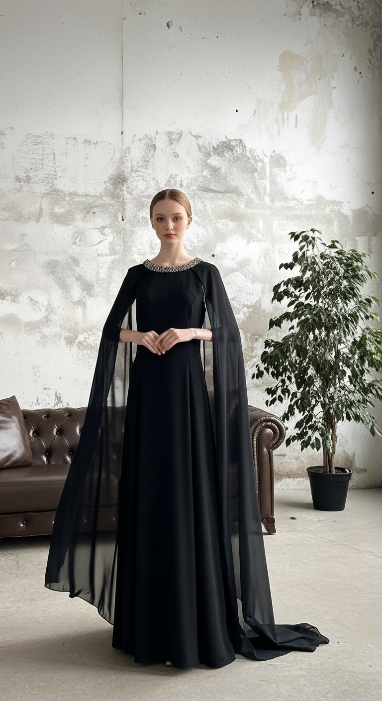 NOIRÉ – Yaka Detaylı Transparan Kolu Akıcı Form Uzun Elbise_57