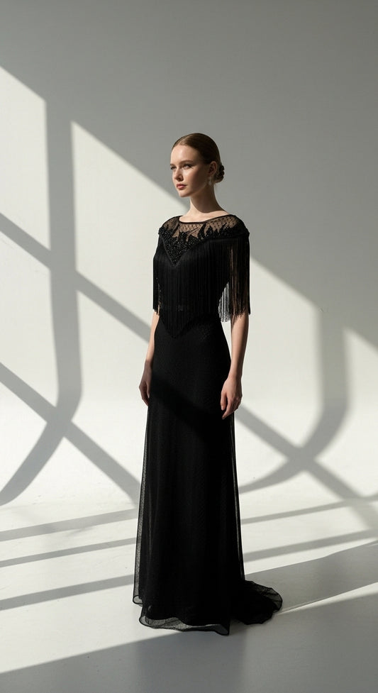 "Dans Eden Silüet" - Saçaklı ve İşlemeli Özel Tasarım Gece Elbisesi_49