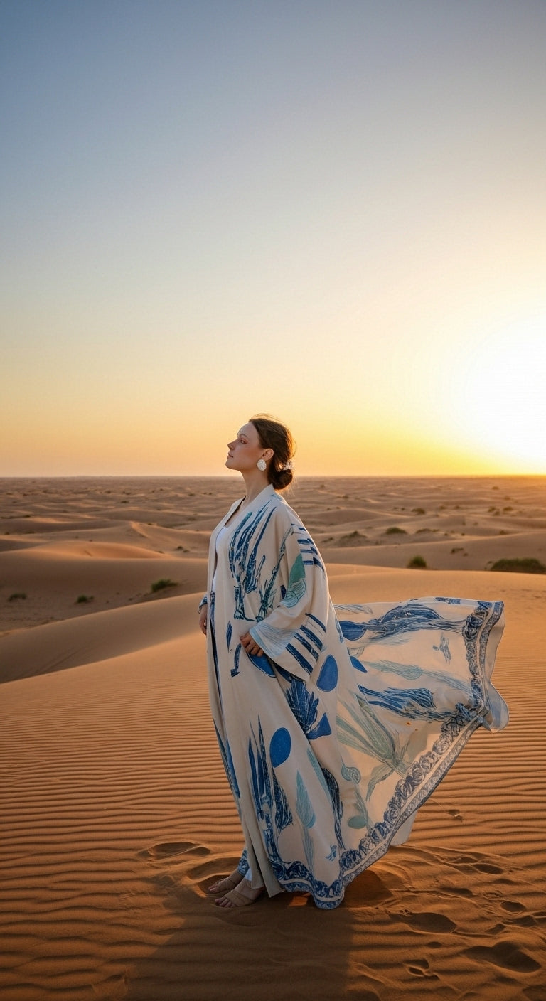 Keten Karışımlı Kaktüs Desenli El İşlemesi Kimono - Doğal ve Nefes Alan Tasarım - 26614