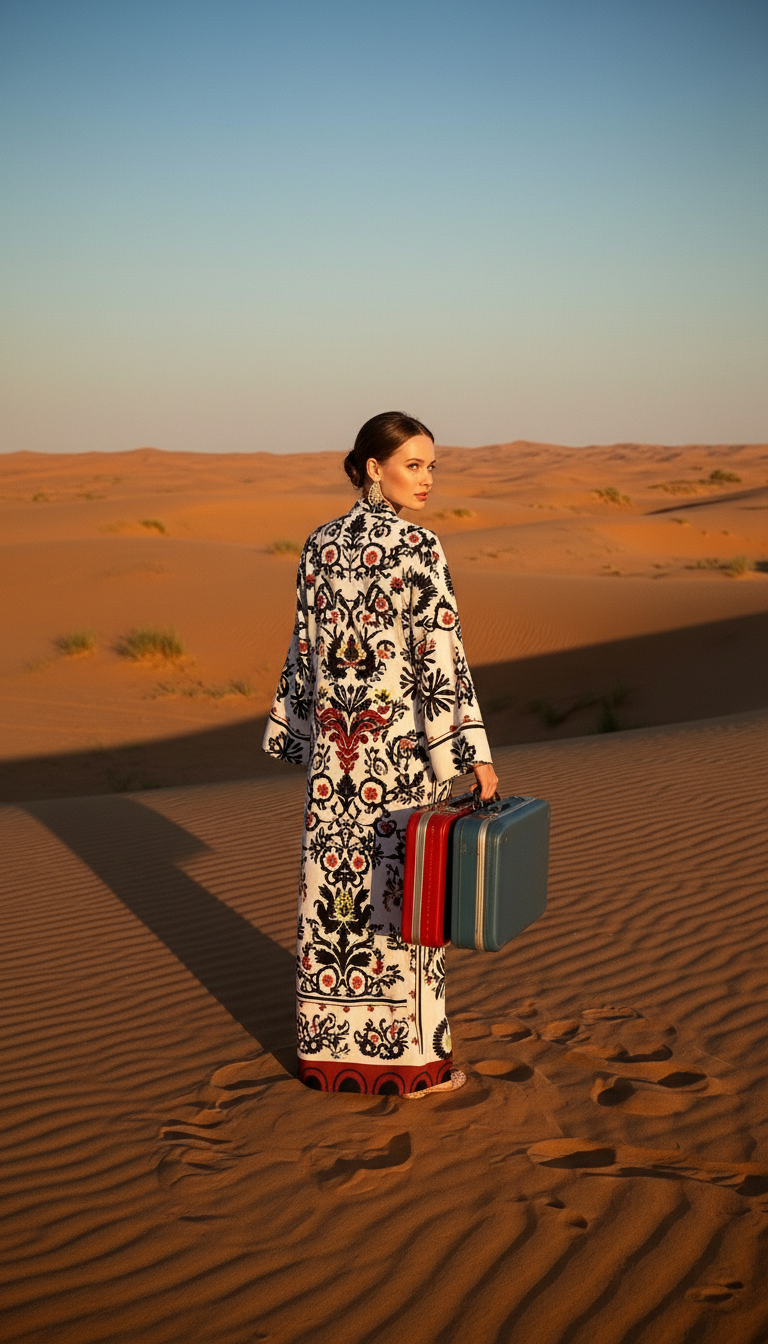 Saten Etnik Desenli Nakışlı Uzun Kimono - Özel El İşlemesi Bohem Tasarım - 26613