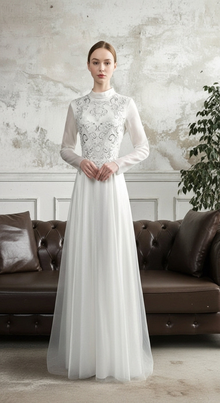 Serenith Veil Motif Abiye – Yüksek Yaka İşlemeli Uzun Kollu Tül Uzun Abiye Elbise_8