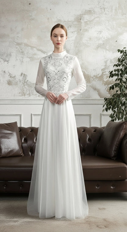 Serenith Veil Motif Abiye – Yüksek Yaka İşlemeli Uzun Kollu Tül Uzun Abiye Elbise_8