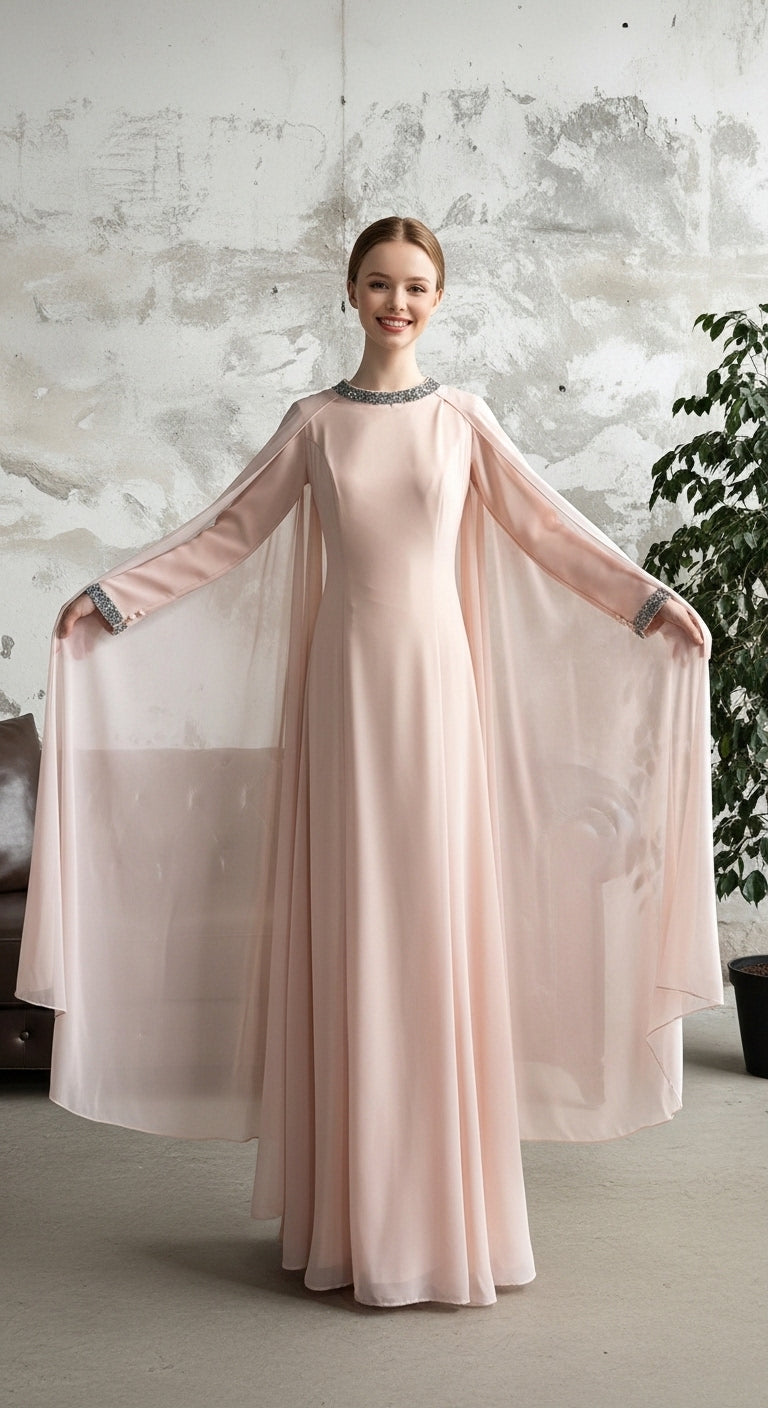 "Nostaljik Esinti" - Şifon Pileli ve İllüzyon Yaka Özel İşleme Dantel Elbise_58