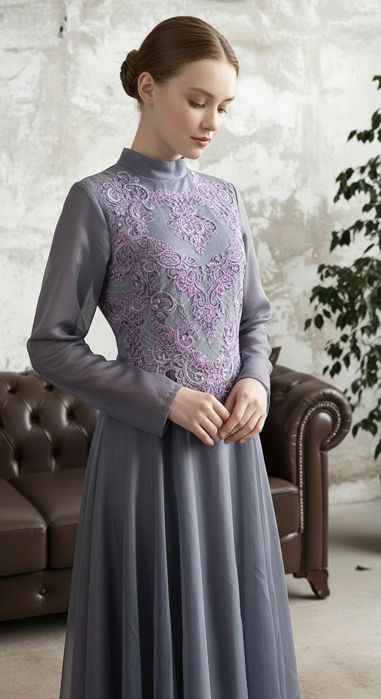 Serenith Veil Motif Abiye – Yüksek Yaka İşlemeli Uzun Kollu Tül Uzun Abiye Elbise_8