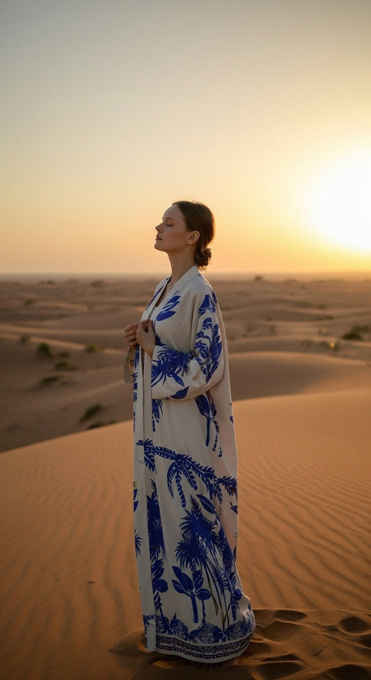 Keten Karışımlı Palmiye Desenli El İşlemesi Kimono - Mavi Tropikal Esinti -26615